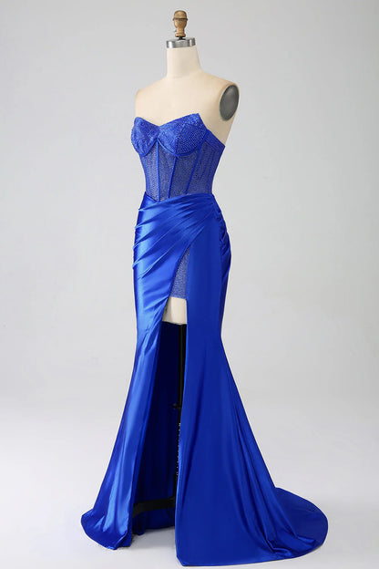 Amzcw Royal Blue Mermaid Strapless Corset Beaded Prom Dress with High Slit