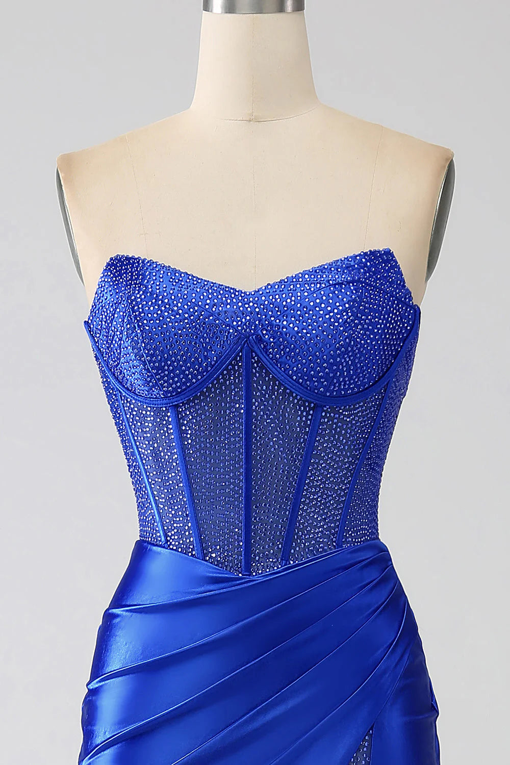 Amzcw Royal Blue Mermaid Strapless Corset Beaded Prom Dress with High Slit