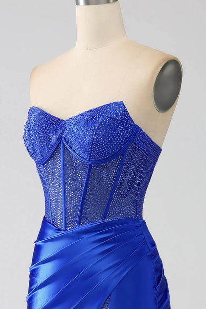 Amzcw Royal Blue Mermaid Strapless Corset Beaded Prom Dress with High Slit