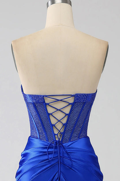 Amzcw Royal Blue Mermaid Strapless Corset Beaded Prom Dress with High Slit