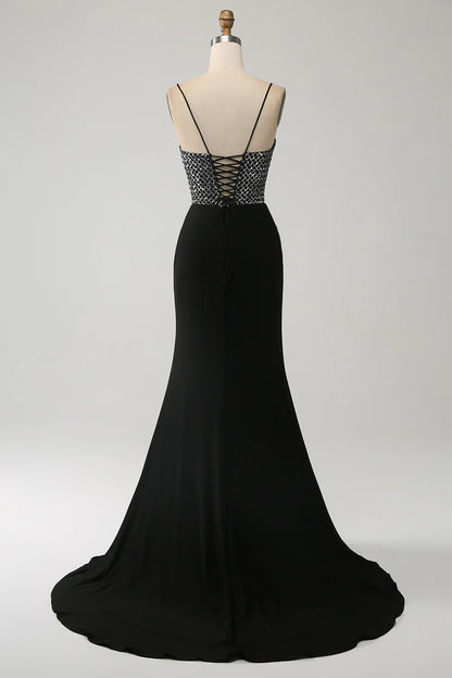 Amzcw Gorgeous Black Mermaid Spaghetti Straps Strapless Sequin Prom Dresses with Slit