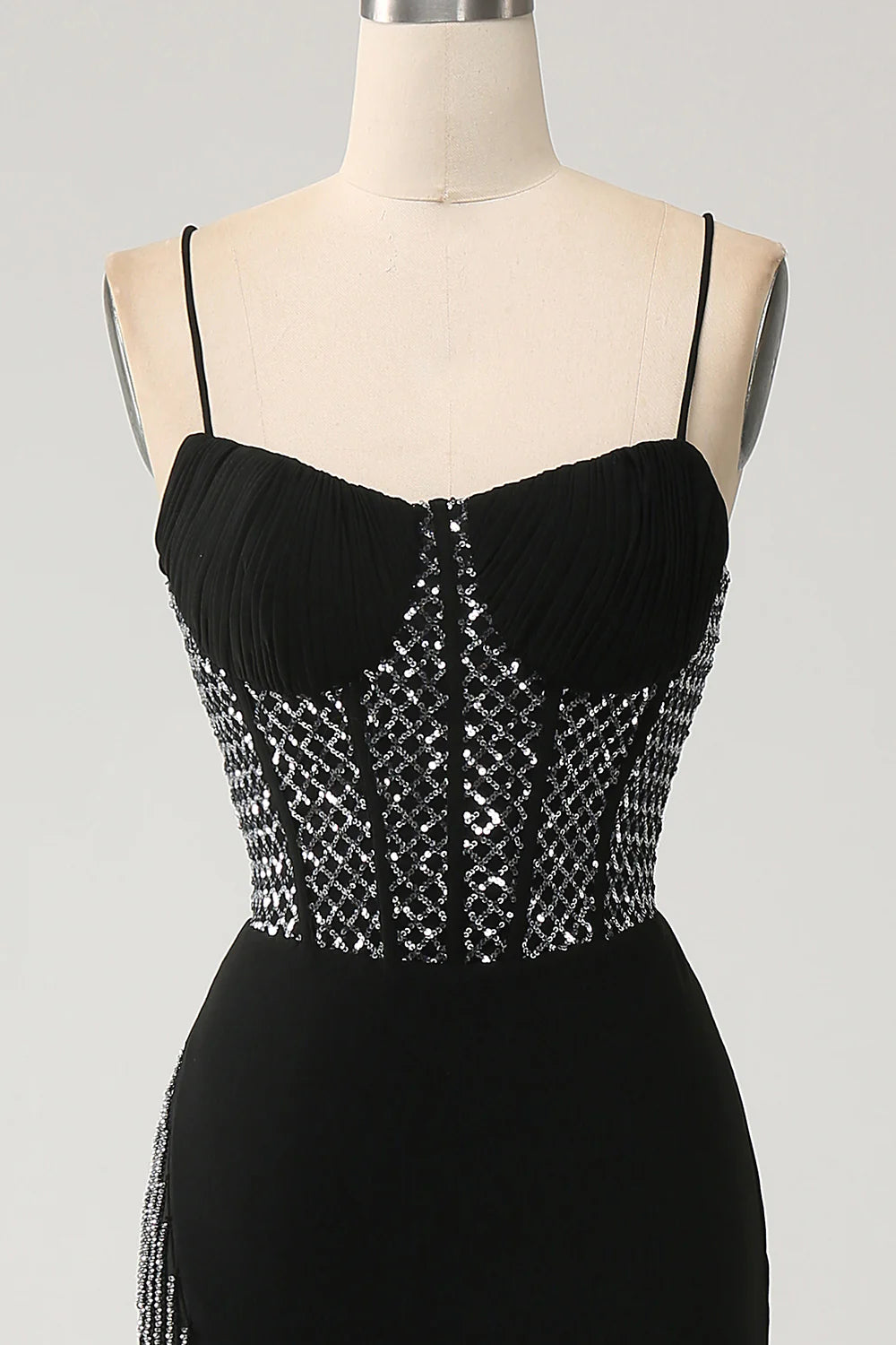 Amzcw Gorgeous Black Mermaid Spaghetti Straps Strapless Sequin Prom Dresses with Slit