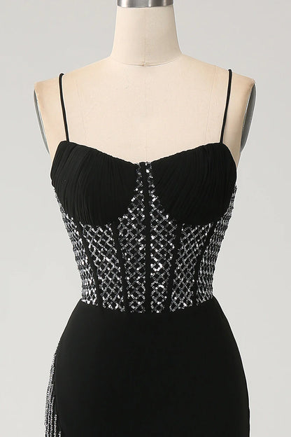 Amzcw Gorgeous Black Mermaid Spaghetti Straps Strapless Sequin Prom Dresses with Slit