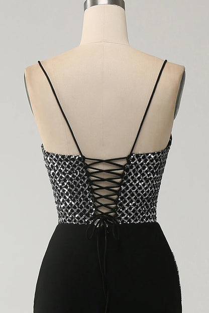 Amzcw Gorgeous Black Mermaid Spaghetti Straps Strapless Sequin Prom Dresses with Slit