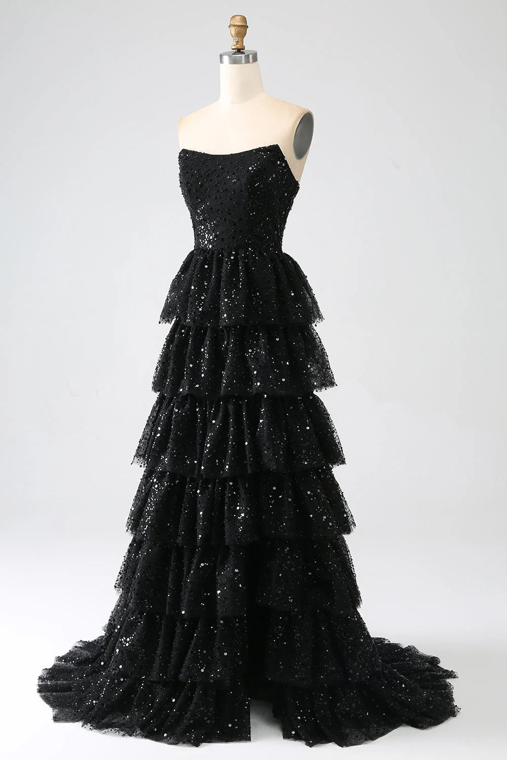 Amzcw Sparkly Black A-Line Strapless Sequins Tiered Long Prom Dress with Slit