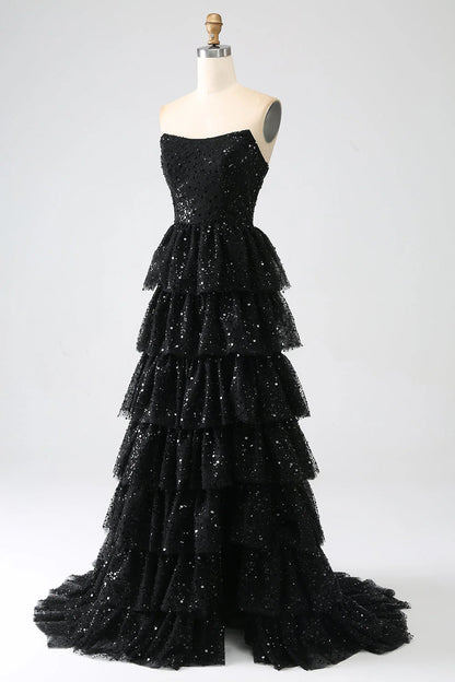 Amzcw Sparkly Black A-Line Strapless Sequins Tiered Long Prom Dress with Slit