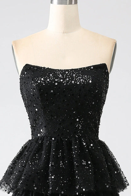 Amzcw Sparkly Black A-Line Strapless Sequins Tiered Long Prom Dress with Slit