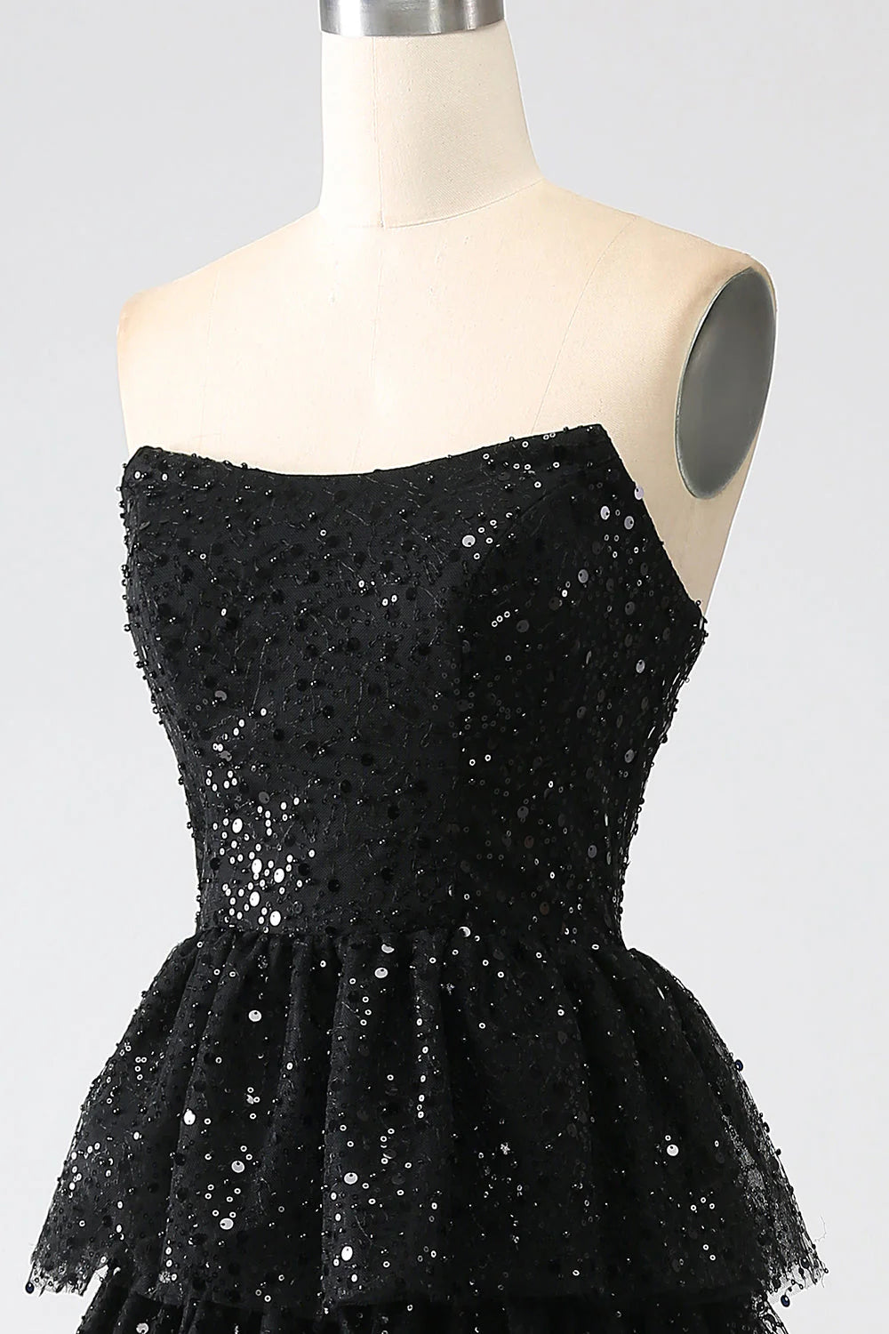 Amzcw Sparkly Black A-Line Strapless Sequins Tiered Long Prom Dress with Slit