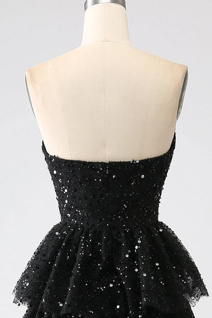 Amzcw Sparkly Black A-Line Strapless Sequins Tiered Long Prom Dress with Slit
