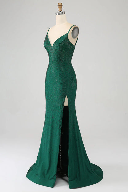 Amzcw Sparkly Dark Green Mermaid Beaded Long Prom Dress with Slit prom dresses shops