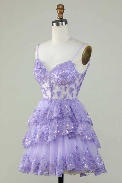 Amzcw Sparkly Purple A Line Spaghetti Straps Tiered Corset Short Homecoming Dress