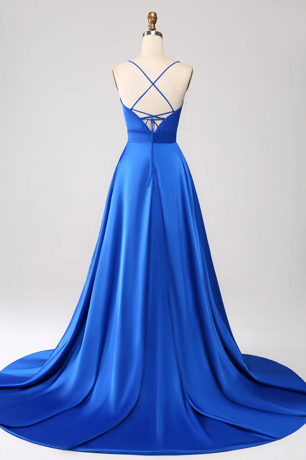 Amzcw Royal Blue A Line V Neck Open Back Pleated Satin Long Prom Dress with Slit prom dresses shops