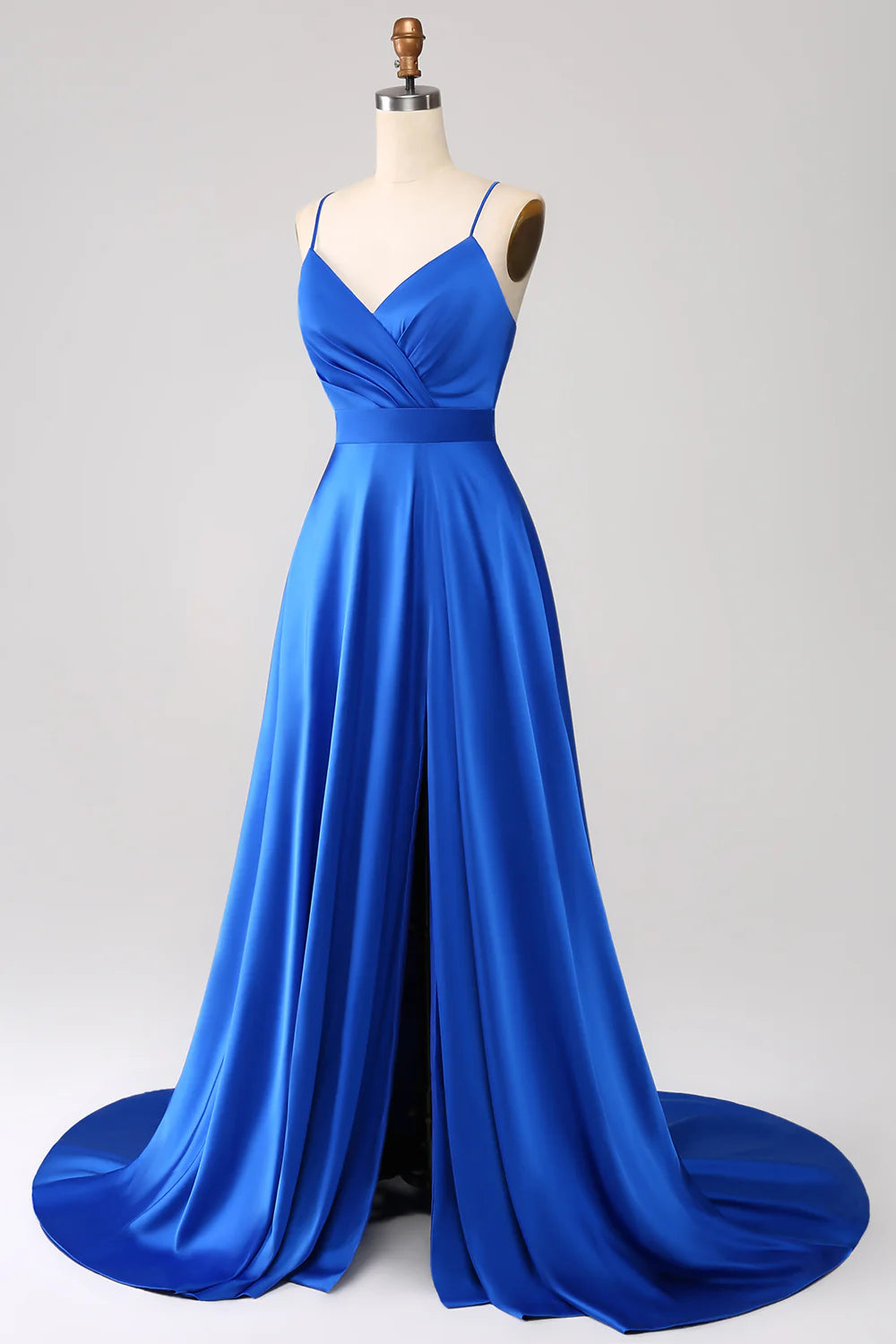 Amzcw Royal Blue A Line V Neck Open Back Pleated Satin Long Prom Dress with Slit prom dresses shops