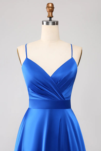 Amzcw Royal Blue A Line V Neck Open Back Pleated Satin Long Prom Dress with Slit prom dresses shops
