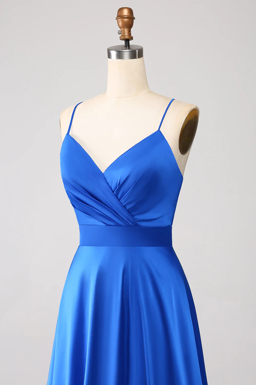 Amzcw Royal Blue A Line V Neck Open Back Pleated Satin Long Prom Dress with Slit prom dresses shops