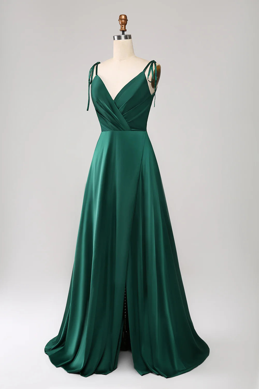 Amzcw A-Line Spaghetti Straps Pleated Satin Long Dark Green Maxi Dress With Slit prom dresses shops