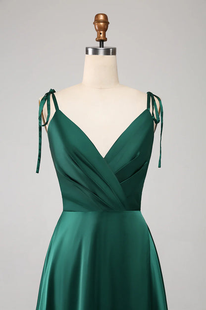 Amzcw A-Line Spaghetti Straps Pleated Satin Long Dark Green Maxi Dress With Slit prom dresses shops