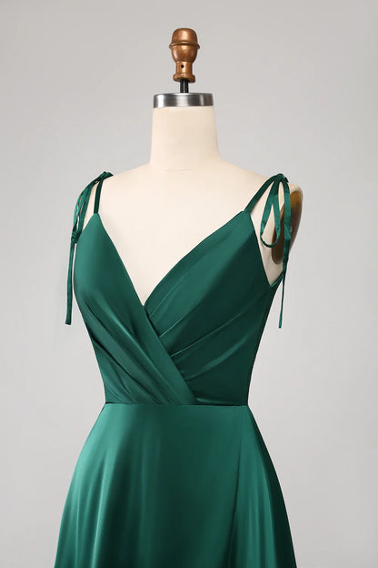 Amzcw A-Line Spaghetti Straps Pleated Satin Long Dark Green Maxi Dress With Slit prom dresses shops