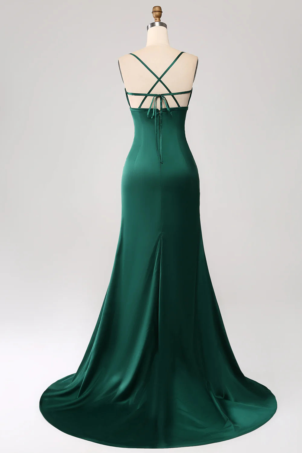 Amzcw Dark Green Sheath Spaghetti Straps Pleated Maxi Dress With Slit prom dresses shops