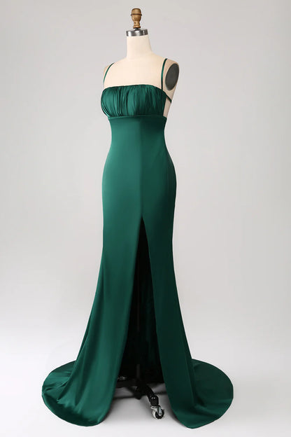 Amzcw Dark Green Sheath Spaghetti Straps Pleated Maxi Dress With Slit prom dresses shops
