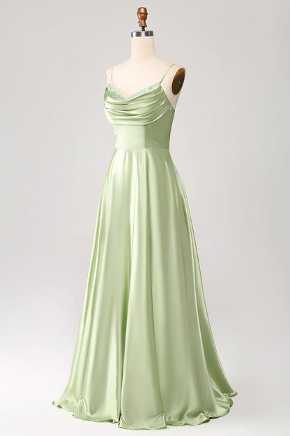 Amzcw Green A-Line Cowl Neck Spaghetti Straps Maxi Dress With Sequins prom dresses shops