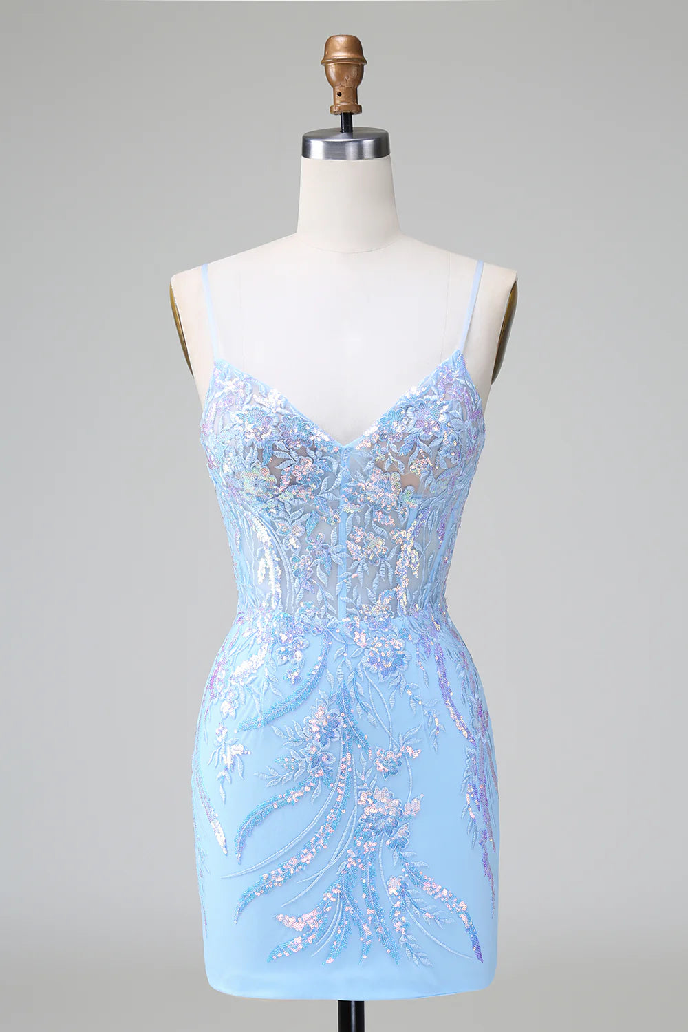 Amzcw Sparkly Blue Bodycon Spaghetti Straps Corset Short Homecoming Dress with Sequins