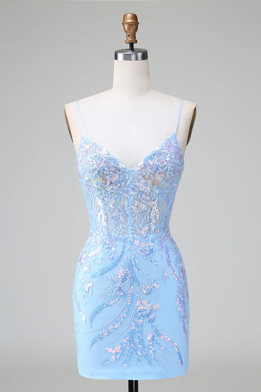 Amzcw Sparkly Blue Bodycon Spaghetti Straps Corset Short Homecoming Dress with Sequins