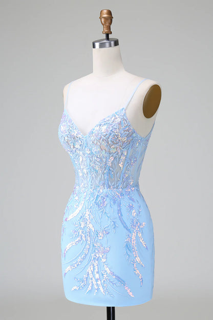 Amzcw Sparkly Blue Bodycon Spaghetti Straps Corset Short Homecoming Dress with Sequins