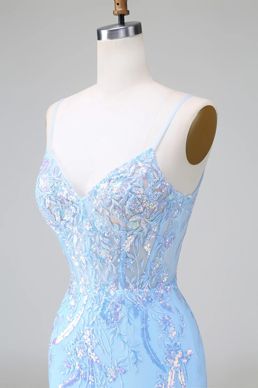 Amzcw Sparkly Blue Bodycon Spaghetti Straps Corset Short Homecoming Dress with Sequins