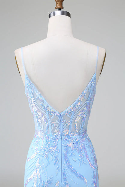 Amzcw Sparkly Blue Bodycon Spaghetti Straps Corset Short Homecoming Dress with Sequins