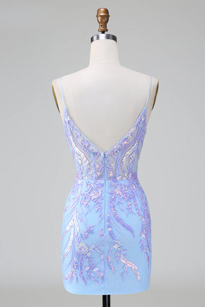 Amzcw Sparkly Lilac Blue Bodycon Spaghetti Straps Corset Short Homecoming Dress with Sequins