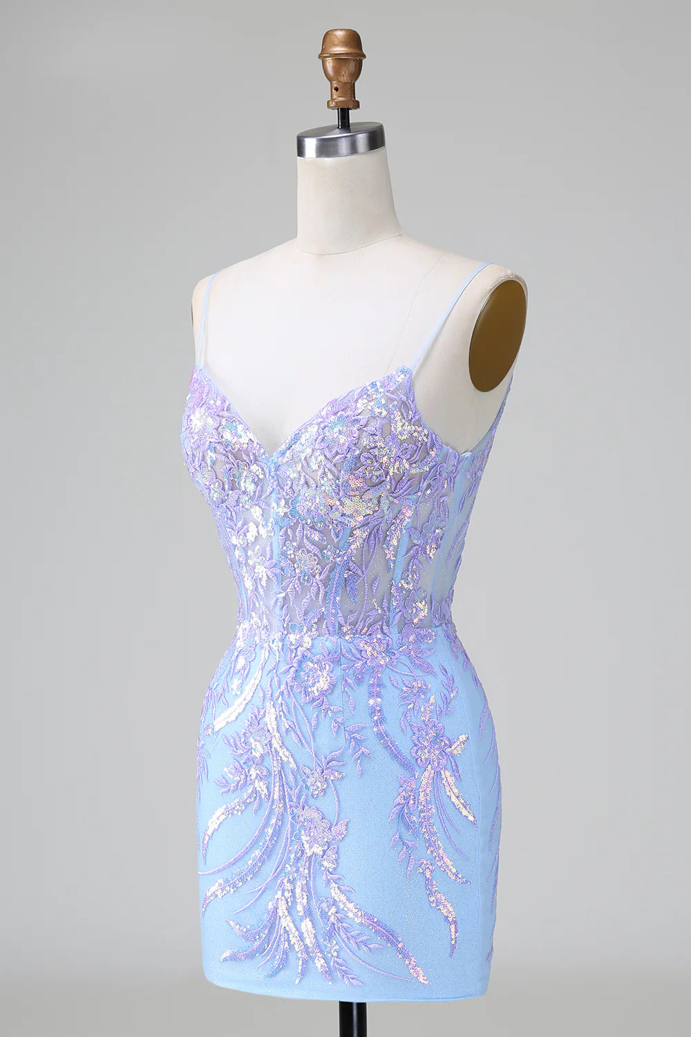 Amzcw Sparkly Lilac Blue Bodycon Spaghetti Straps Corset Short Homecoming Dress with Sequins