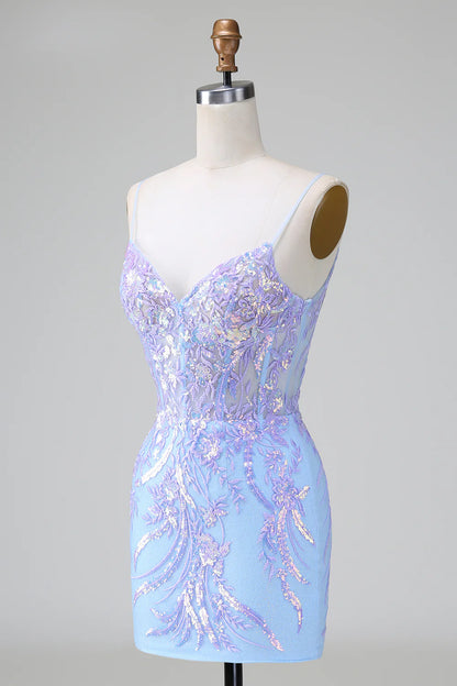 Amzcw Sparkly Lilac Blue Bodycon Spaghetti Straps Corset Short Homecoming Dress with Sequins