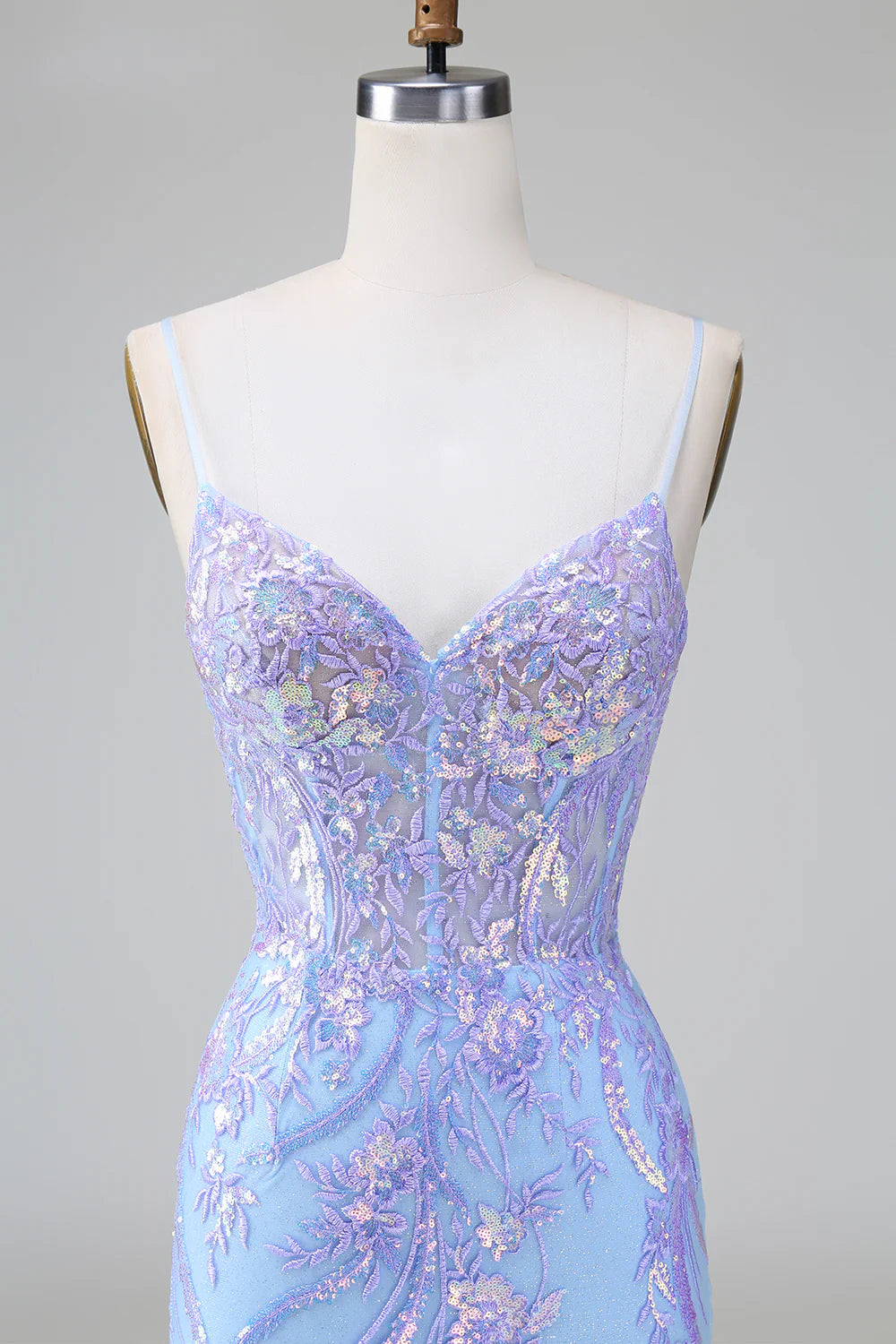 Amzcw Sparkly Lilac Blue Bodycon Spaghetti Straps Corset Short Homecoming Dress with Sequins