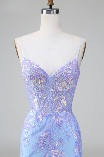 Amzcw Sparkly Lilac Blue Bodycon Spaghetti Straps Corset Short Homecoming Dress with Sequins