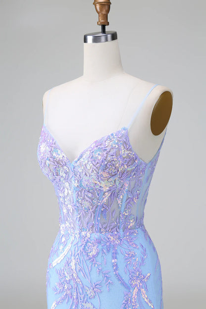 Amzcw Sparkly Lilac Blue Bodycon Spaghetti Straps Corset Short Homecoming Dress with Sequins