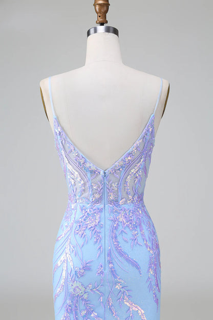 Amzcw Sparkly Lilac Blue Bodycon Spaghetti Straps Corset Short Homecoming Dress with Sequins
