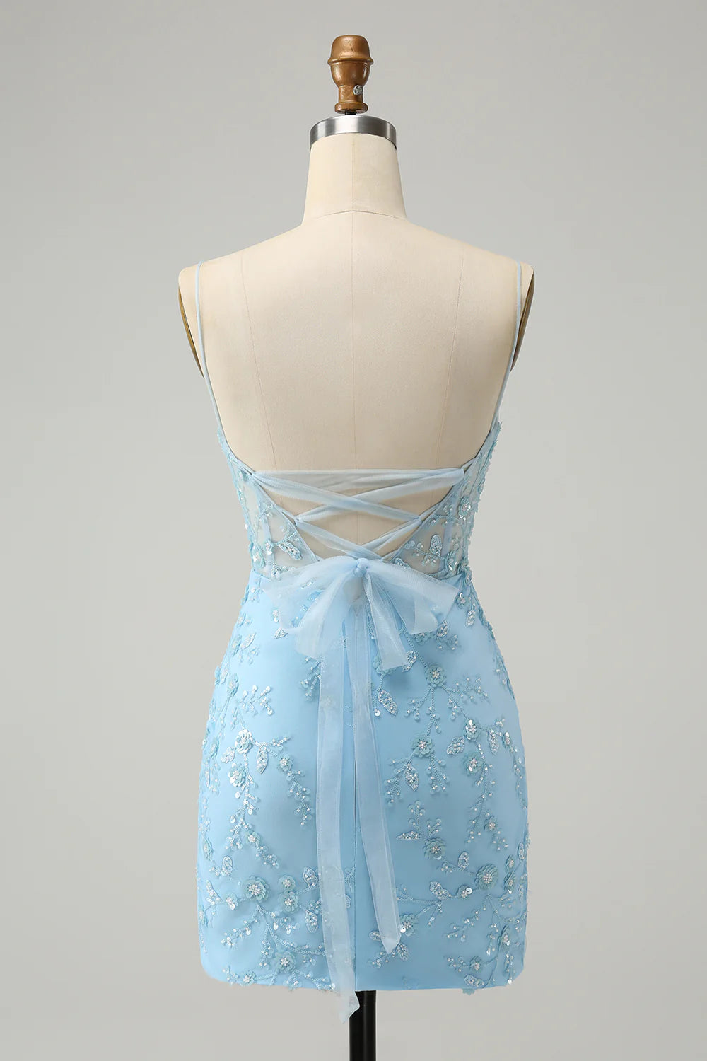 Amzcw Stylish Blue Bodycon Spaghetti Straps Lace Up Back Short Homecoming Dress with Sequins