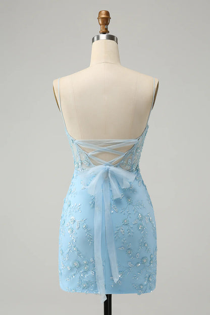 Amzcw Stylish Blue Bodycon Spaghetti Straps Lace Up Back Short Homecoming Dress with Sequins