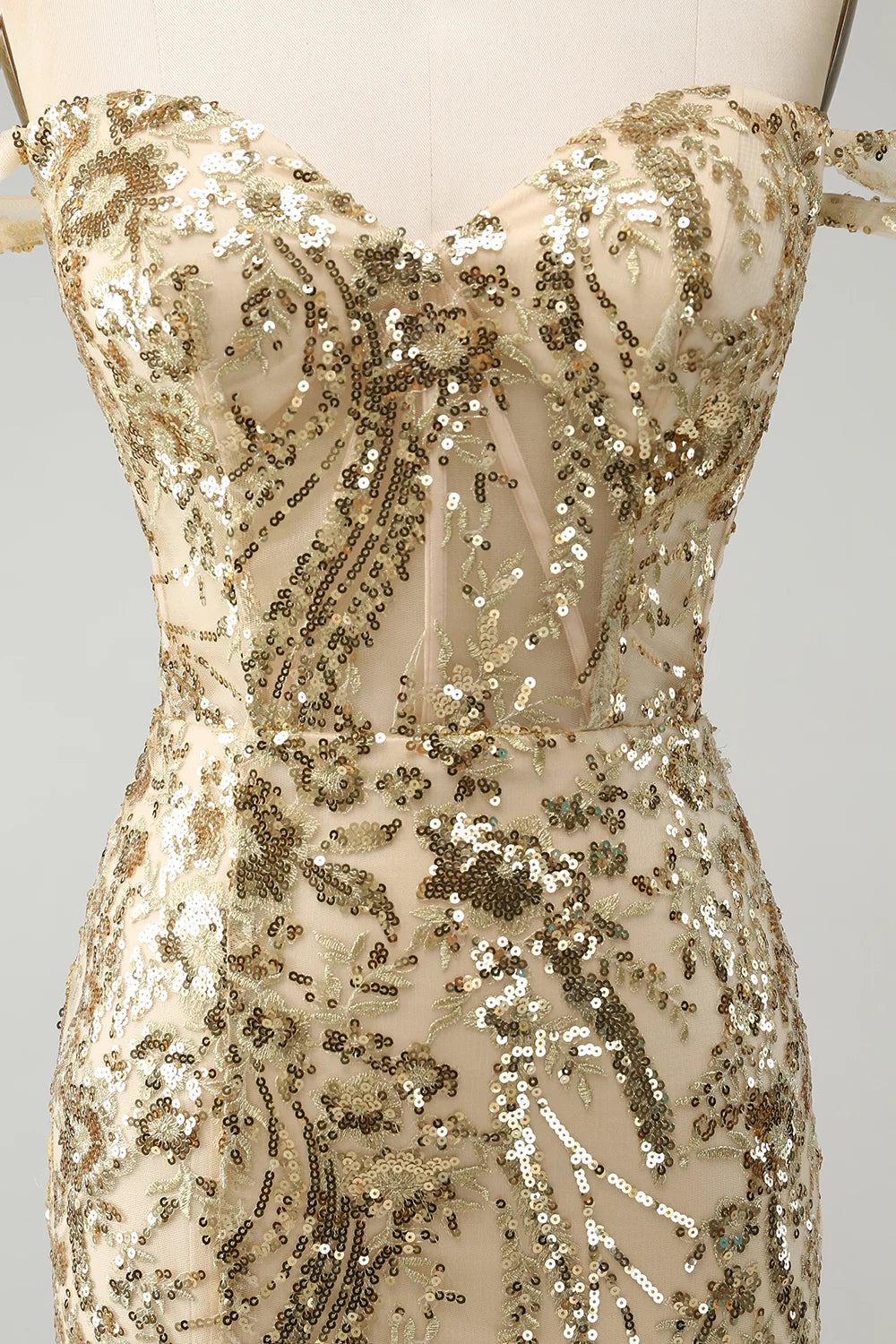Amzcw Sparkly Golden Bodycon Off The Shoulder Corset Homecoming Dress with Sequins