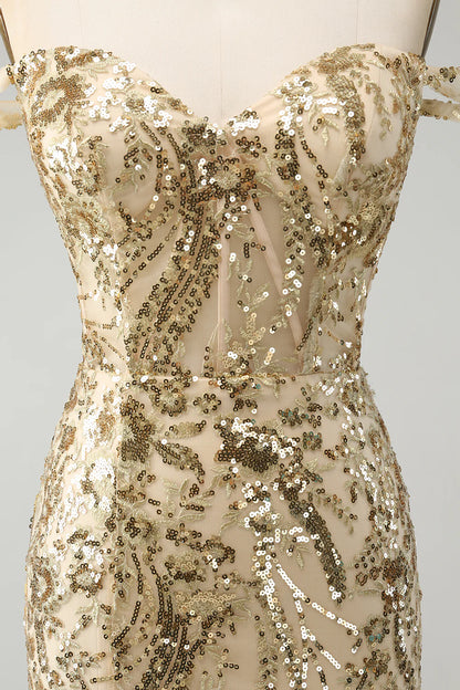 Amzcw Sparkly Golden Bodycon Off The Shoulder Corset Homecoming Dress with Sequins