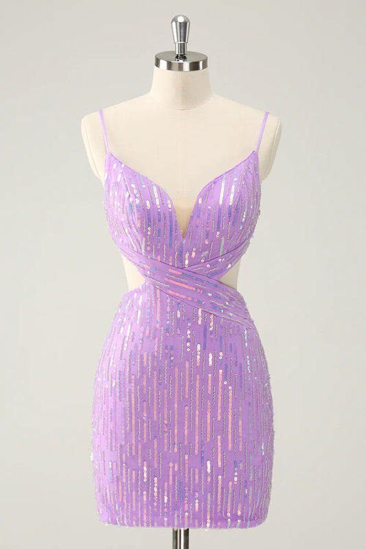 Amzcw Glitter Purple Bodycon Lace Up Back Short Homecoming Dress with Sequins