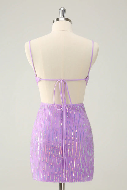 Amzcw Glitter Purple Bodycon Lace Up Back Short Homecoming Dress with Sequins