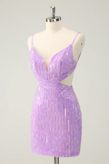 Amzcw Glitter Purple Bodycon Lace Up Back Short Homecoming Dress with Sequins