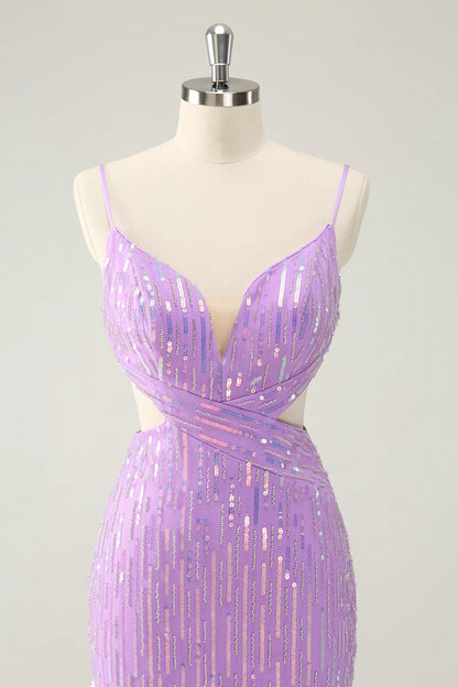 Amzcw Glitter Purple Bodycon Lace Up Back Short Homecoming Dress with Sequins