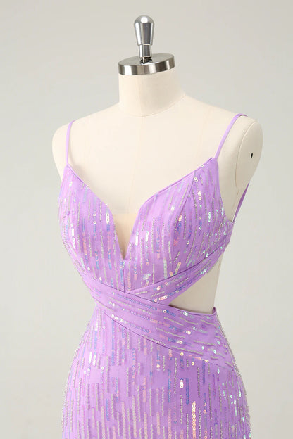 Amzcw Glitter Purple Bodycon Lace Up Back Short Homecoming Dress with Sequins