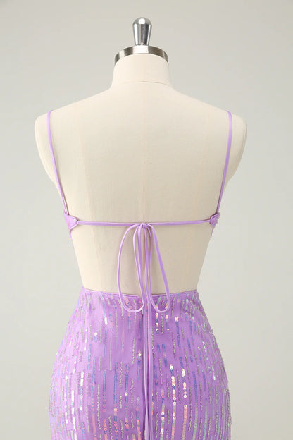 Amzcw Glitter Purple Bodycon Lace Up Back Short Homecoming Dress with Sequins