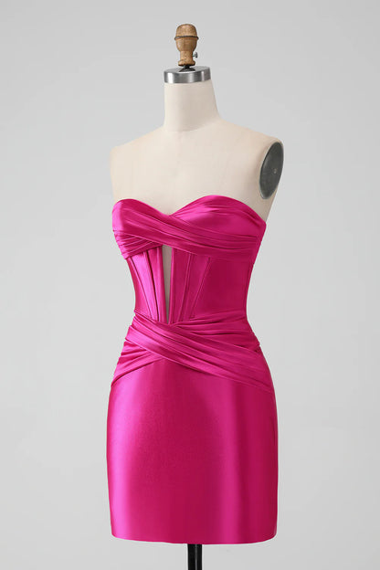 Amzcw Fuchsia Bodycon Sweetheart Pleated Corset Short Homecoming Dress