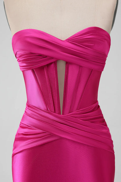 Amzcw Fuchsia Bodycon Sweetheart Pleated Corset Short Homecoming Dress