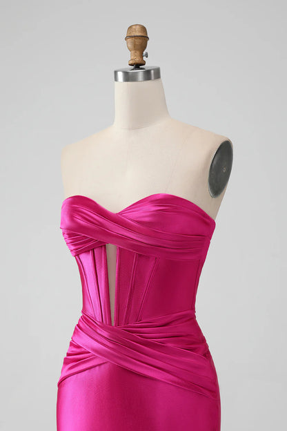 Amzcw Fuchsia Bodycon Sweetheart Pleated Corset Short Homecoming Dress
